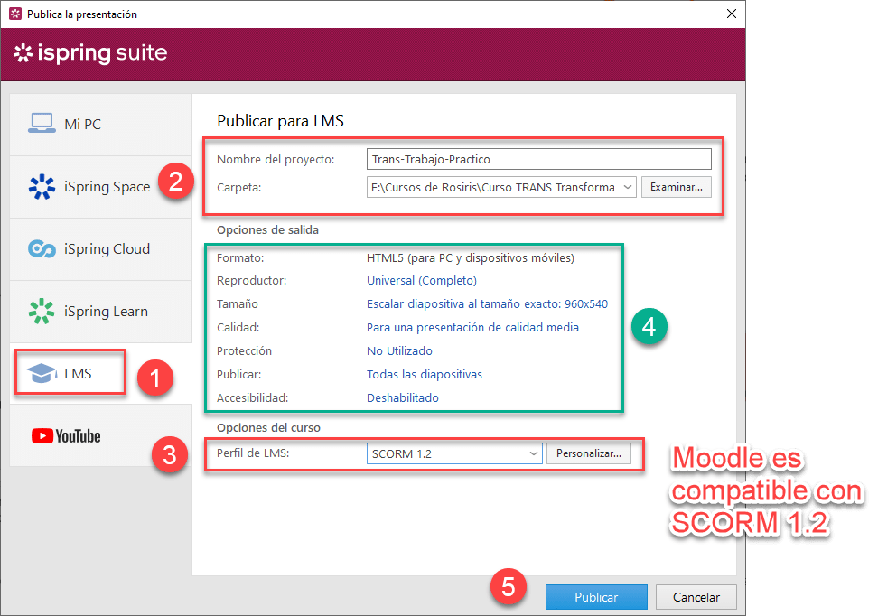 Exportar un SCORM con iSpring y publicar SCORM en Moodle