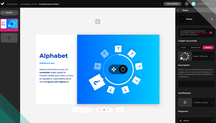 Juegos para eLearning. Tutorial Juego El Rosco (Pasapalabra) 6 selecciona del listado la plantilla de juegos: Alphabet. Juegos para eLearning. Tutorial Juego El Rosco (Pasapalabra)