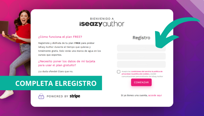 Completa la ficha de registro.Crea un curso de eLearning con isEazy Author