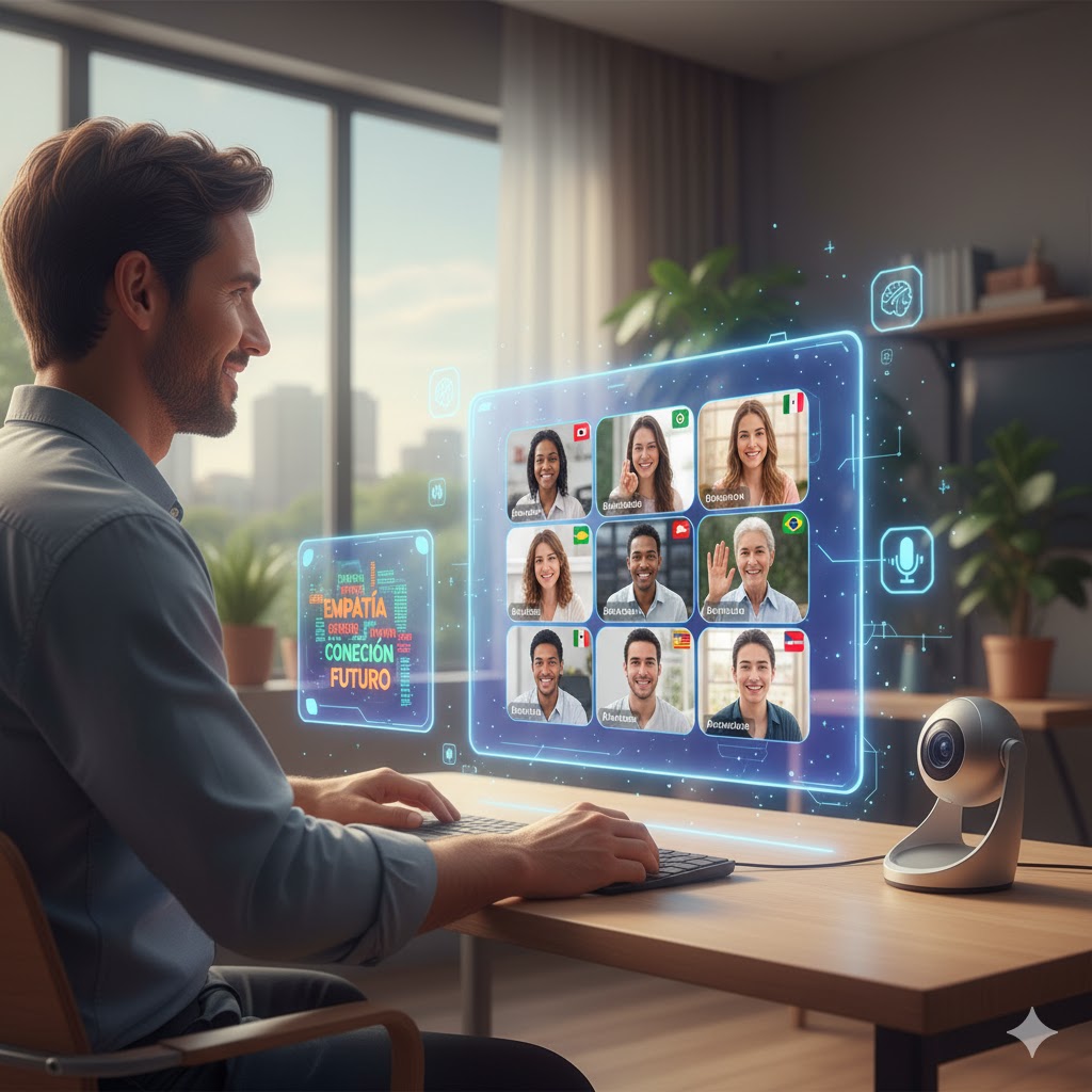 Docente interactuando con estudiantes virtuales a través de una interfaz moderna con herramientas de IA.