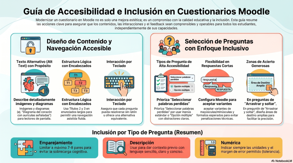 Cómo modernizar cuestionarios en Moodle: Guía anti-copia 2026 3 Diseño de preguntas para cuestionarios Moodle de manera inclusiva y accesible