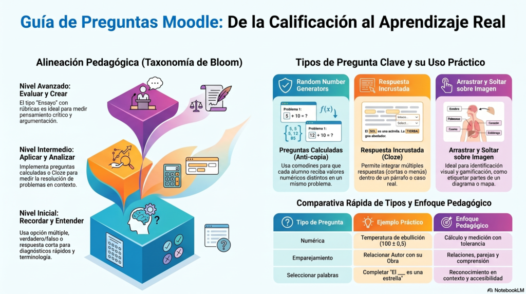 Cómo modernizar cuestionarios en Moodle: Guía anti-copia 2026 2 Preguntas Moodle Taxonomia de Bloom 2