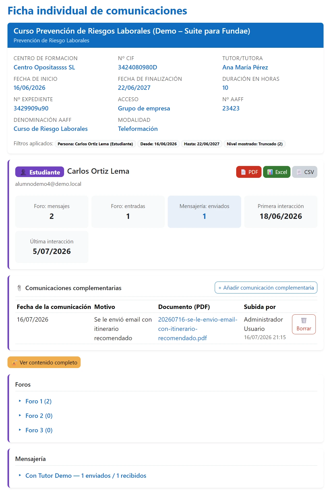 Ficha de comunicaciones del alumno para FUNDAE, como se ve en pantalla