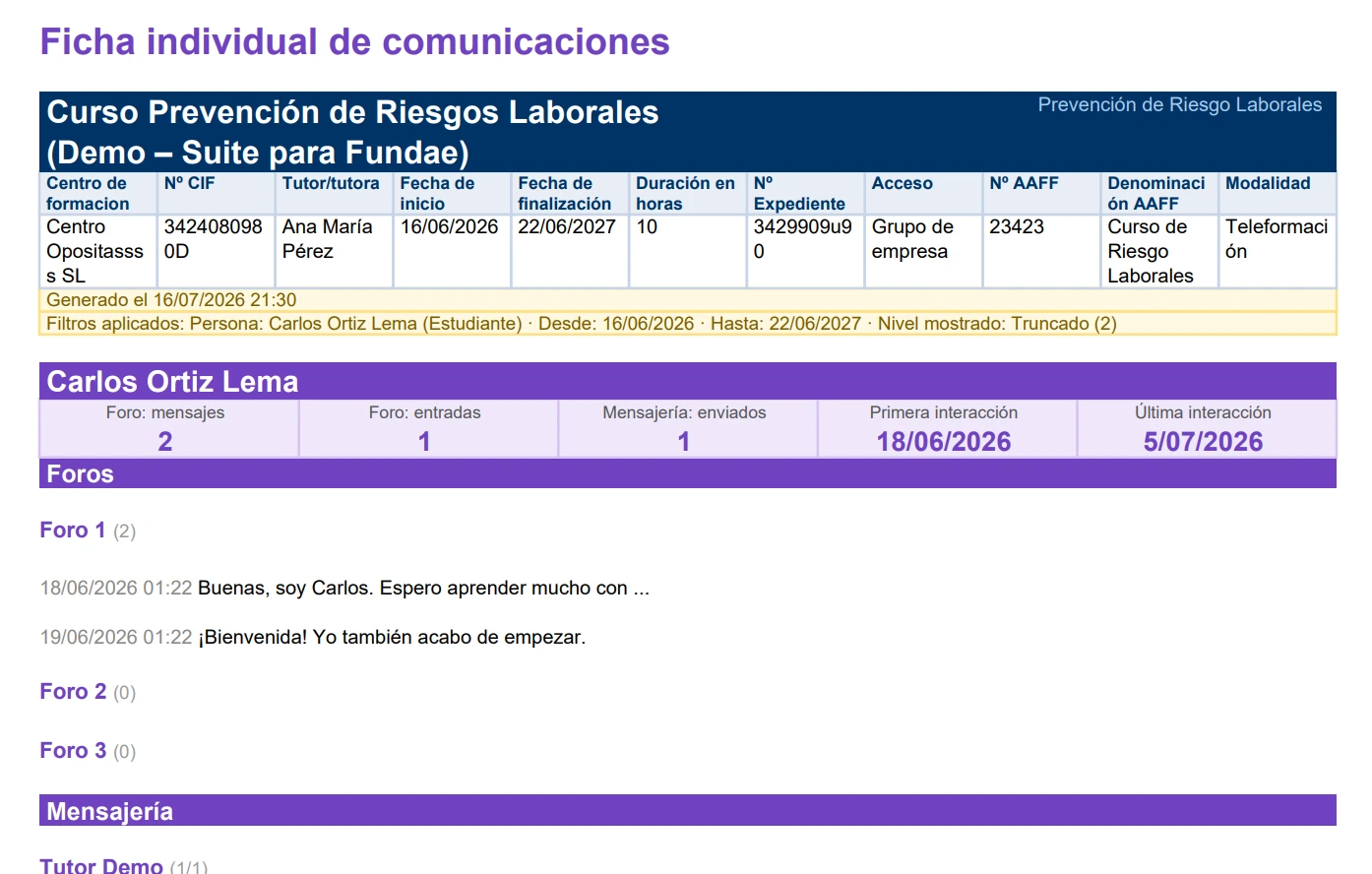 Ficha de comunicaciones del alumno para FUNDAE, exportada a PDF