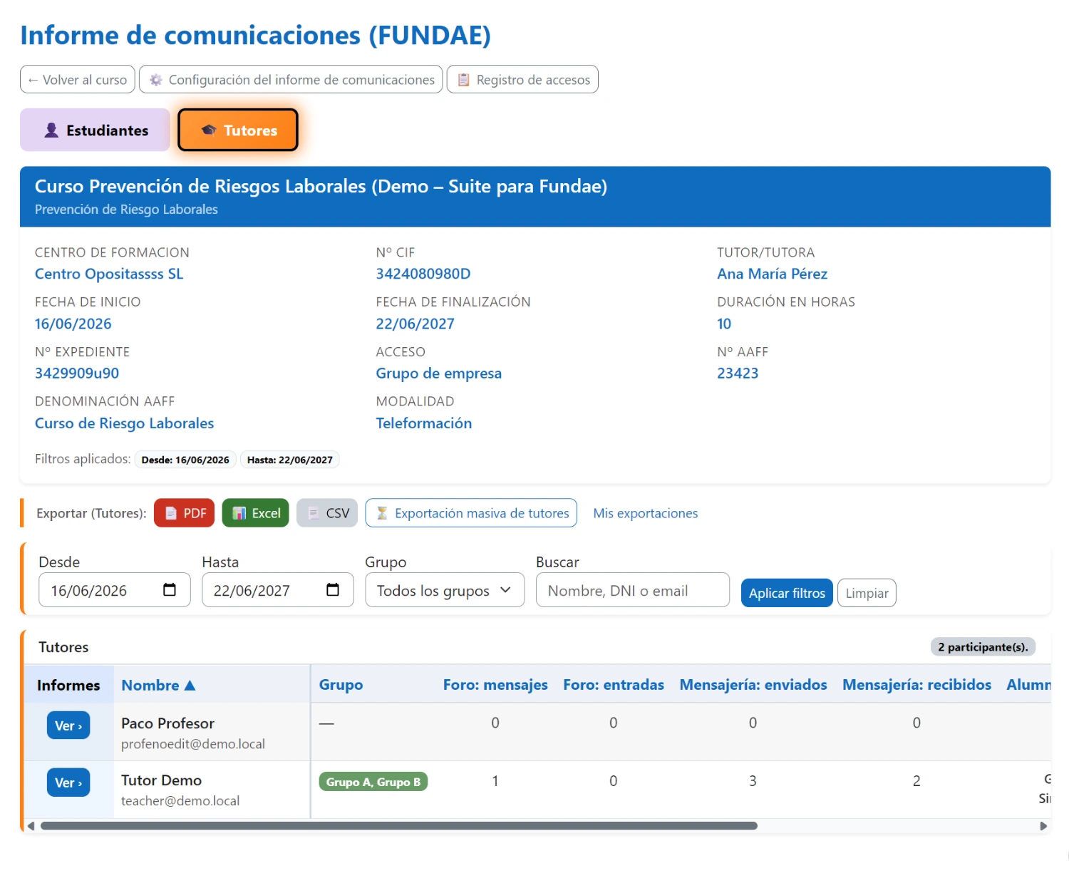 Informe de comunicaciones del curso por tutor para FUNDAE