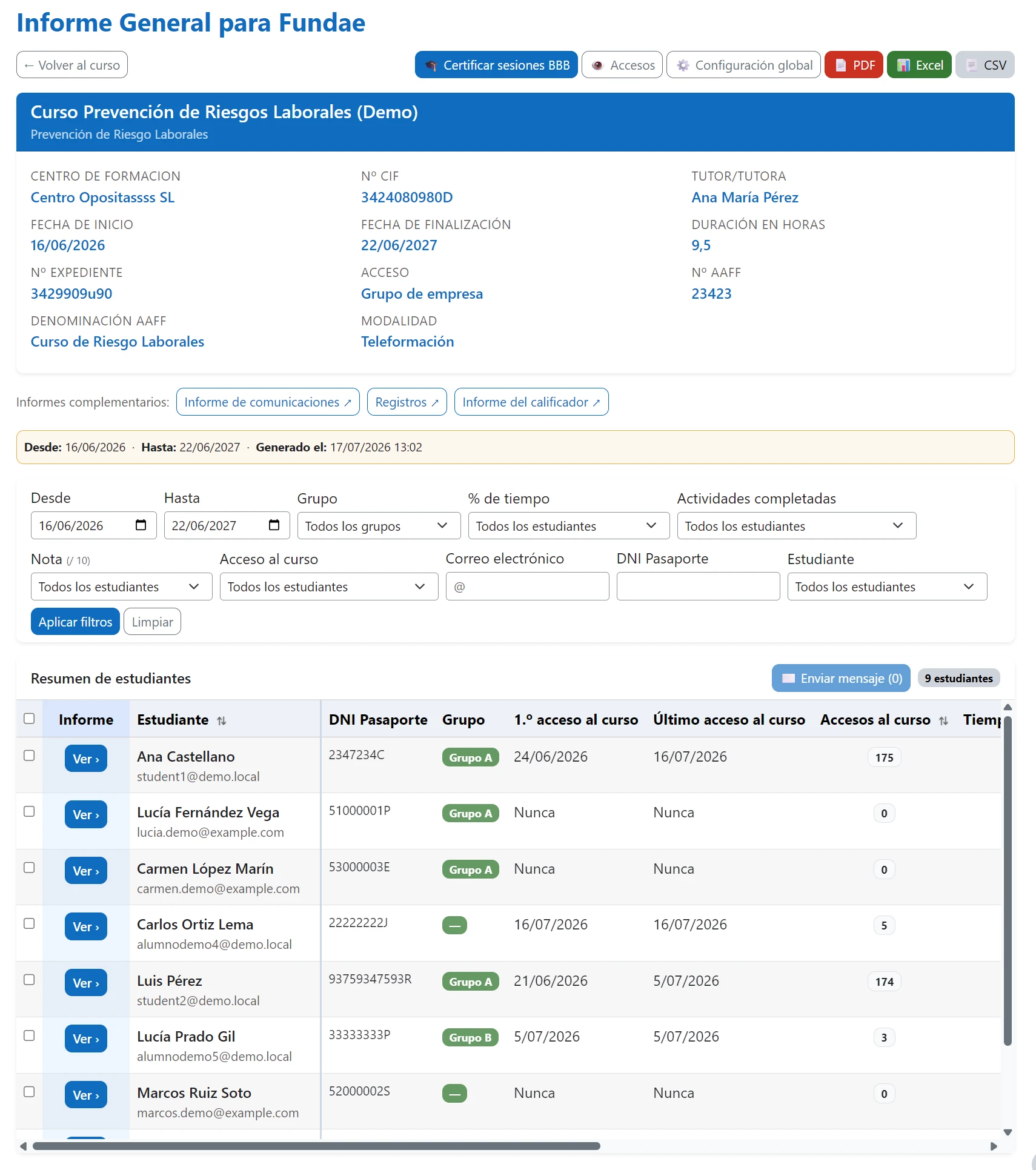 Informe de tiempo real de un curso en Moodle, con el porcentaje sobre las horas de FUNDAE