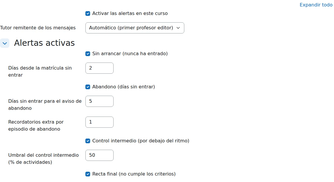 Panel de alertas del curso con las cinco alertas configurables
