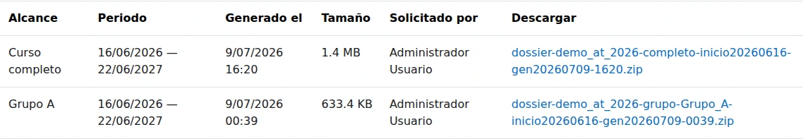 Expedientes generados listos para descargar
