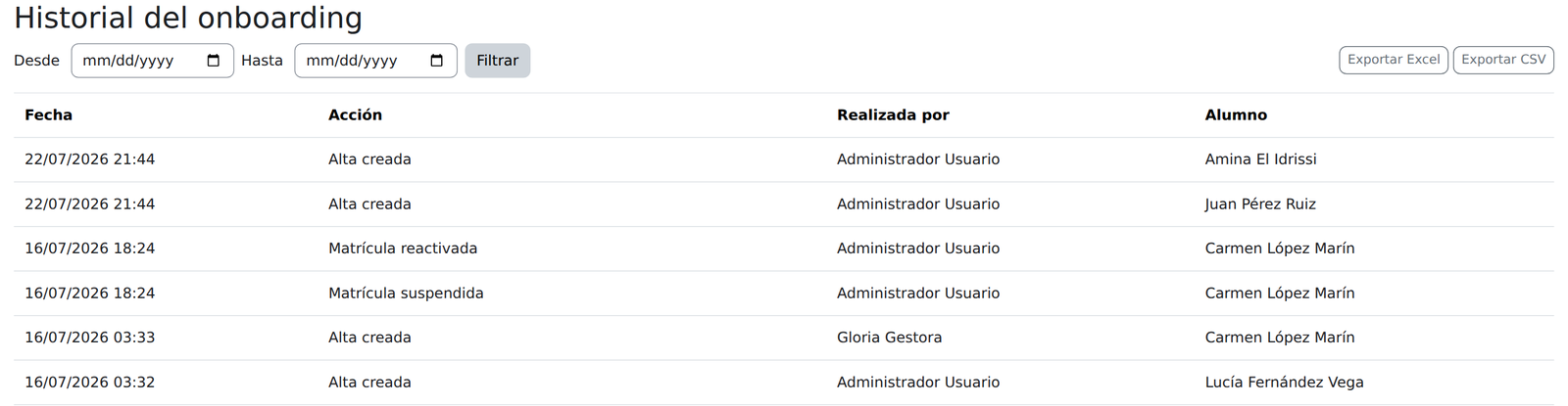 Historial de acciones del curso