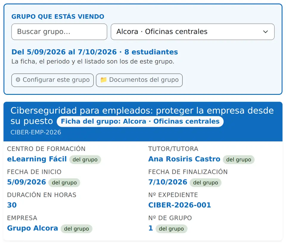 Ficha del grupo Alcora Oficinas centrales con su periodo, su tutora, su empresa y su número de expediente